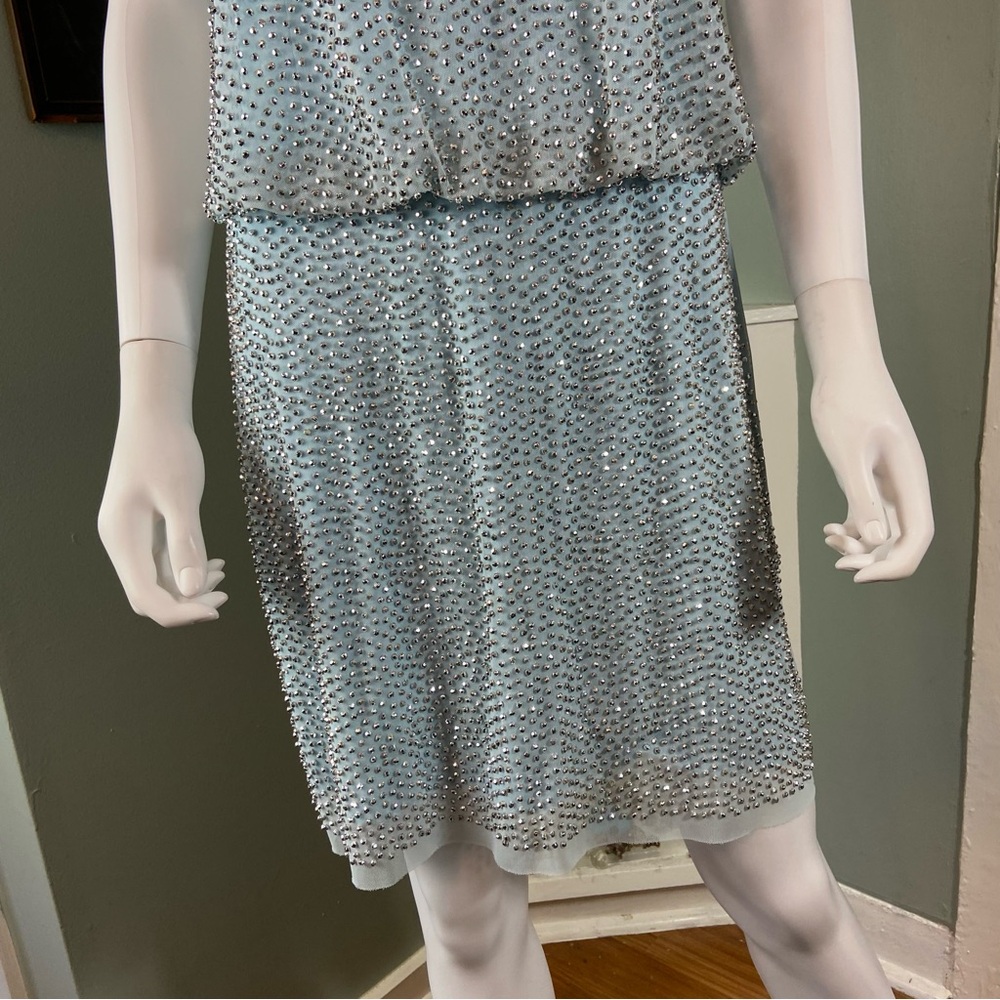 Xscape Light Blue Silver Metallic Beaded Cocktail Mini Dress Draped Size 10 - Picture 9 of 15